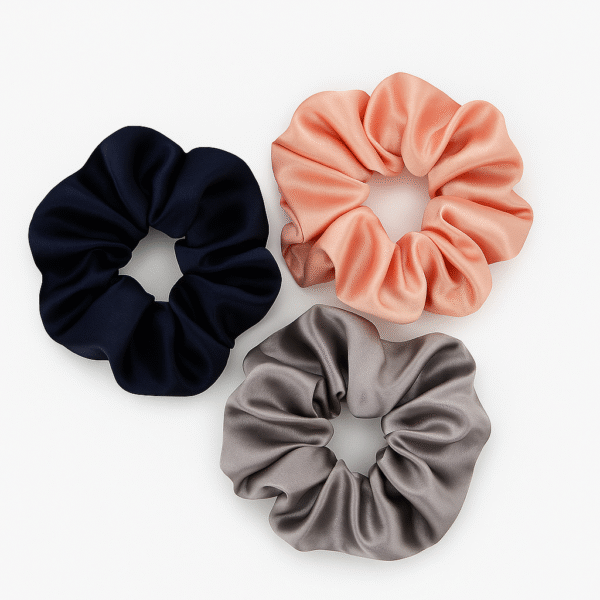Premium Satin Silk Hair Scrunchies Set – Pack of 3 (Pink,Grey and Dark Blue) | Soft & Gentle Hair Ties | Elegant Scrunchies for Women & Girls – MultiColor