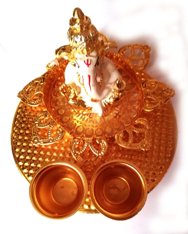 24K Gold Plated Ganesh Idol with Diya | Decorative Ganpati Murti for Home Temple, Pooja Room, Office & Corporate Gifting (15x12 cm, 90 GM)